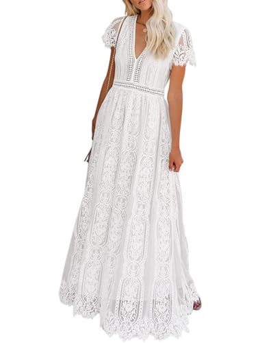MEROKEETY Damen V Ausschnitt Kurzarm Floral Spitze Hochzeitskleid Brautjungfer Cocktail Party Maxikleid, Weiß, Mittel von MEROKEETY