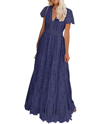 MEROKEETY Damen V Ausschnitt Kurzarm Floral Spitze Hochzeitskleid Brautjungfer Cocktail Party Maxikleid, navy, Groß MEROKEETY Damen V Ausschnitt Kurzarm Floral Spitze Hochzeitskleid Brautjungfer Cocktail Party Maxikleid, navy, Groß von MEROKEETY