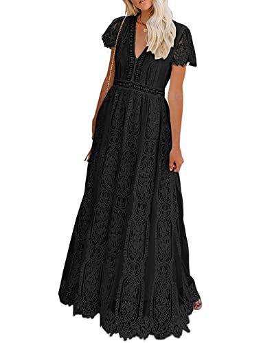 MEROKEETY Damen V Ausschnitt Kurzarm Floral Spitze Hochzeitskleid Brautjungfer Cocktail Party Maxikleid, schwarz, X-Groß von MEROKEETY