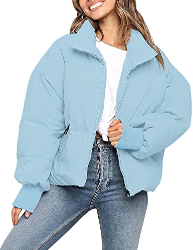 MEROKEETY Damen Winter Langarm Reißverschluss Puffer Jacke Taschen Baggy Kurze Daunenmäntel, Blau, Medium von MEROKEETY