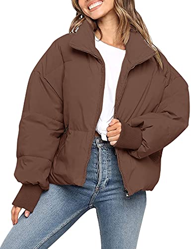 MEROKEETY Damen Winter Langarm Reißverschluss Puffer Jacke Taschen Baggy Kurze Daunenmäntel, Kaffee, M von MEROKEETY