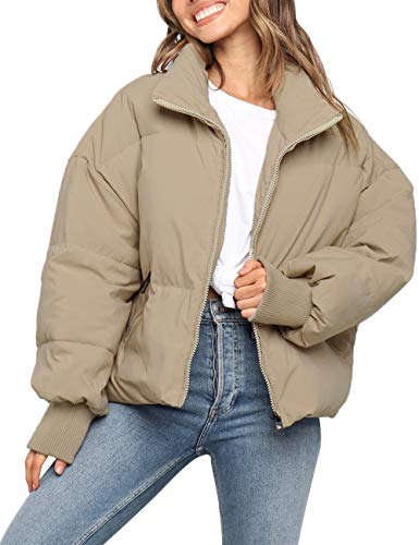 MEROKEETY Damen Winter Langarm Reißverschluss Puffer Jacke Taschen Baggy Kurze Daunenmäntel, Khaki, M von MEROKEETY