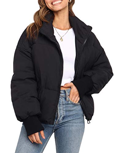 MEROKEETY Damen Winter Langarm Reißverschluss Puffer Jacke Taschen Baggy Kurze Daunenmäntel, Schwarz, S von MEROKEETY