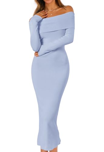 MEROKEETY Damen Herbst Schulterfrei Figurbetontes Pulloverkleid formell Langarm Elegant Club Party Midi Maxikleider, Blau, X-Groß von MEROKEETY
