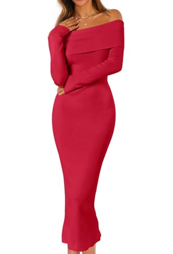 MEROKEETY Damen Herbst Schulterfrei Figurbetontes Pulloverkleid formell Langarm Elegant Club Party Midi Maxikleider, Rot/Ausflug, einfarbig (Getaway Solids), X-Groß von MEROKEETY