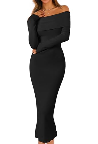 MEROKEETY Damen Winter Schulterfrei Bodycon Pullover Kleid Formell Langarm Elegant Cocktail Party Midi Maxikleider, Schwarz, X-Groß von MEROKEETY