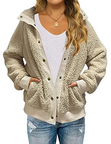 MEROKEETY Damen Winterjacke, langärmelig, Knopf, Sherpajacke, Mantel, Taschen, warmes Fleece - Beige - X-Klein von MEROKEETY