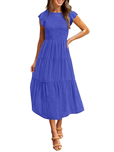 MEROKEETY Damen gesmoktes Rüschen-Kurzarm-Midi-Kleid, Sommer-Casual-Tiered-A-Line-Kleid, Königlich (Royal), Klein von MEROKEETY