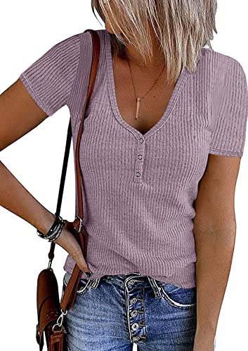 MEROKEETY Henley Damen-T-Shirt, kurzärmelig, V-Ausschnitt, gerippt, einfarbig, Sommer-Tops, Taro, X-Groß von MEROKEETY