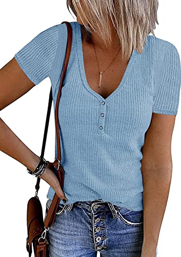 MEROKEETY Damen-Sommer-T-Shirt, kurzärmelig, V-Ausschnitt, lässig, gerippt, Knopf, Henley-Strick-Top, Bluse, himmelblau, X-Groß von MEROKEETY