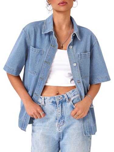 MEROKEETY Kurzärmeliges Jeanshemd für Damen, V-Ausschnitt, übergroß, lässig, mit Kragen, Hell, blau, X-Groß von MEROKEETY