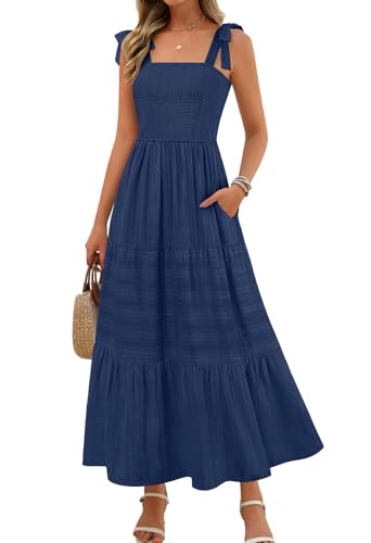 MEROKEETY Maxikleid für Damen, Sommer, Boho, Strand, Urlaub, lässig, gesmokt, A-Linie, Sommerkleid mit Taschen, Marineblau, Klein MEROKEETY Maxikleid für Damen, Sommer, Boho, Strand, Urlaub, lässig, gesmokt, A-Linie, Sommerkleid mit Taschen, Marineblau, Klein von MEROKEETY