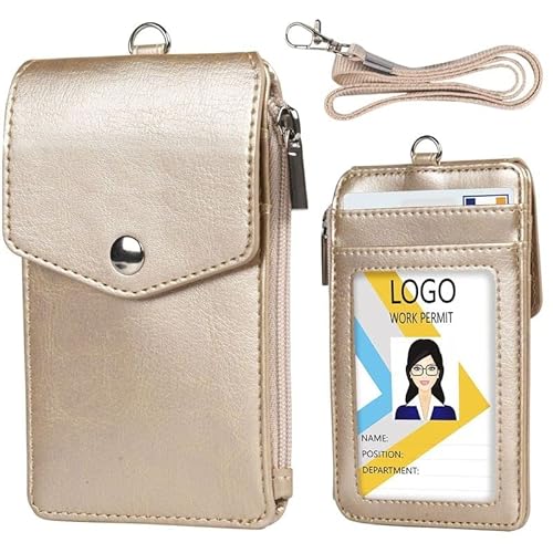 Abzeichenklammer, Seil aufhängen, 1PC Frauen Männer Arbeit Kreditkarteninhaber Brieftasche mit Umhängeband Reißverschluss Hasp 5 Slots Student Staff ID Card Bus Desk Organizer Geldbörse (Color : Gold) von MERRIYARD