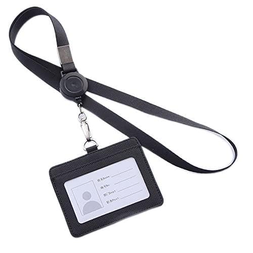 Abzeichenklammer, Seil aufhängen, Einziehbare Lanyards Ausweishalter Leder Bank Bus Pass Kartenetui Abdeckung Männer Frauen Bank Kreditkartenhalter Riemen Kartenhalter (Color : Red)(Black 01) von MERRIYARD
