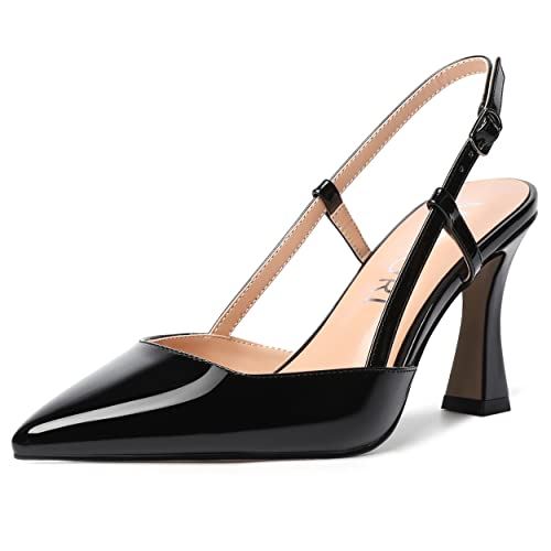MERRORI Damen Abendkleid Schnalle Slingback Spitze Zehe Matte Stiletto High Heel Pumps Schuhe 8,4 cm, Schwarz Lack, 41 EU von MERRORI