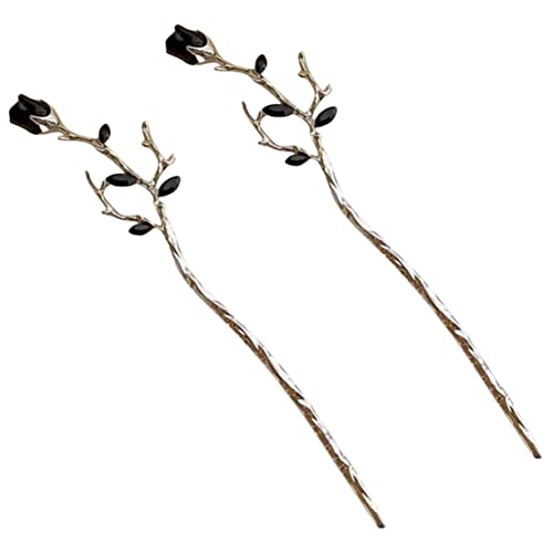MERRYHAPY 2St Rosenzweig Haarnadel Dutt-Haarhalter Haarstäbchen Haargabel Retro-Haarnadeln Blumenhaar haarschmuck haarblume Chignon-Nadel Frauen Haarnadel Legierung Silver von MERRYHAPY