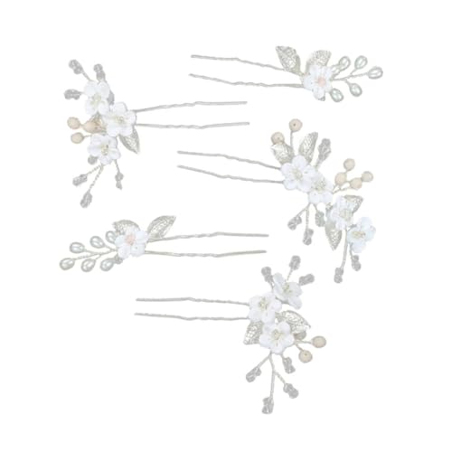 MERRYHAPY 5 Stück Teiliges Braut Haarschmuck Silberfarbene Metall Haarnadeln mit Weißen Blüten und U-förmige Hochzeit Haarforken für Damen Eleganter Schmuck für Festliche Frisuren von MERRYHAPY