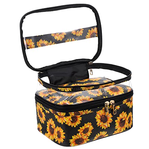 MERRYHAPY Portable Kosmetiktasche PVC Mit Sonnenblumen-Design Zweischichtige Transparente Reisetasche Für Makeup Und Pflegeprodukte Für Damen Und Unterwegs von MERRYHAPY