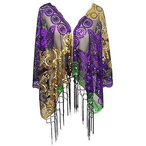 MERRYJULY Mardi Gras Schal Schal Umhang Kostüm Party Favor Accessoires Pailletten Karneval Poncho für Frauen, Grün, Gold, Lila, 1 Stück, Einheitsgröße von MERRYJULY