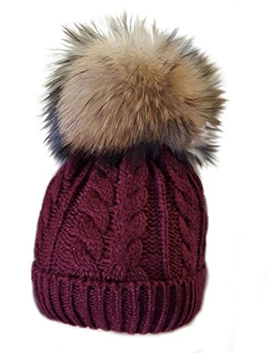 MERRYLAND Echtfellbommel Pudelmütze ECHTFELL Bommelmütze Real Fur Fellbommel Mütze Echt Fell Strickmütze Bommel Pelzbommel Waschbär Raccoon Pelz von MERRYLAND