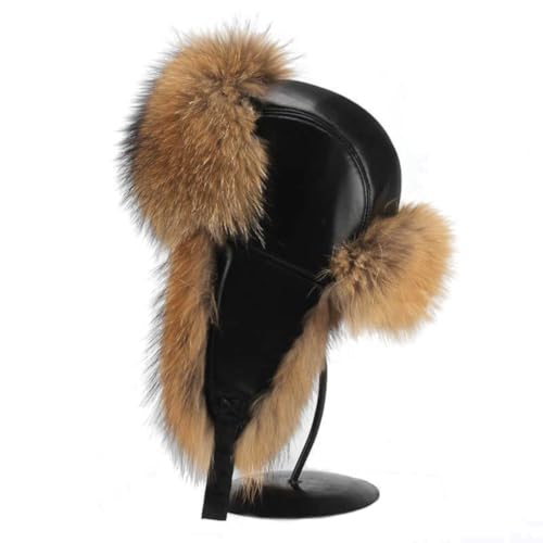 MERRYLAND Fliegermütze ECHTFELL Mütze Leder Unisex Pilotenmütze Russian Hat Real Fur Leather Trappermütze Handmade Pelzmütze Ushanka Fellmütze Echt Fell Waschbär Raccoon Pelz von MERRYLAND