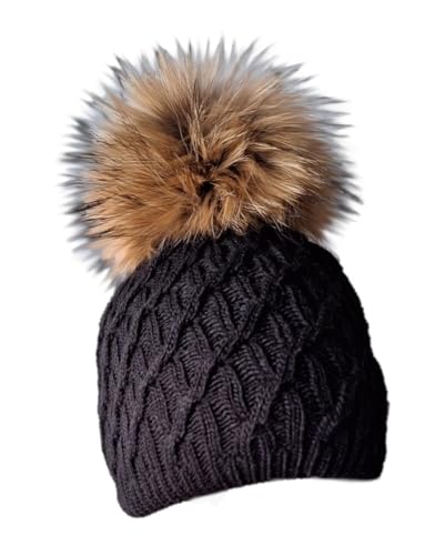 MERRYLAND Mütze Echtfellbommel Pudelmütze ECHTFELL Bommelmütze Hat Real Fur Handmade Fellbommel Echt Fell Strickmütze Bommel Pelzbommel Waschbär Raccoon Pelz von MERRYLAND