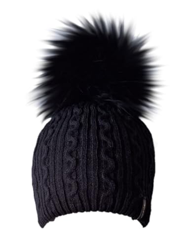 MERRYLAND Mütze Echtfellbommel Schwarz Pudelmütze ECHTFELL Bommelmütze Hat Beanie Real Fur Pom Pom Handmade Fellbommel Echt Fell Strickmütze Bommel Pelzbommel Pelzmütze Fellmütze Echtfellbommelmütze von MERRYLAND