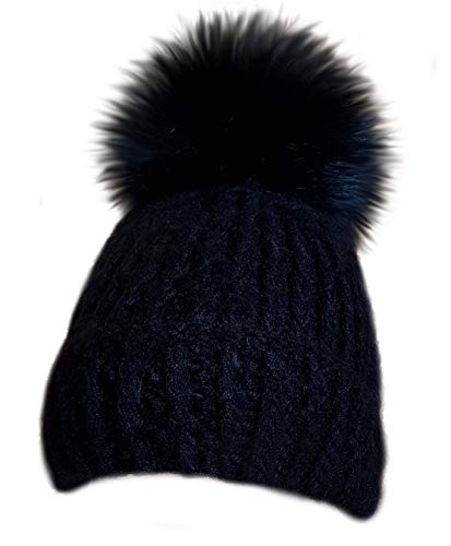 MERRYLAND Mütze Echtfellbommel Schwarz Pudelmütze ECHTFELL Bommelmütze Hat Real Fur Handmade Fellbommel Echt Fell Strickmütze Bommel Pelzbommel Waschbär Raccoon Pelz von MERRYLAND