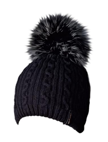 MERRYLAND Mütze Schwarz Echtfellbommel Pudelmütze ECHTFELL Bommelmütze Black Hat Real Fur Beanie Handmade Fellbommel Echt Fell Strickmütze Fellmütze Bommel Pelzbommel Pelz von Lupsty