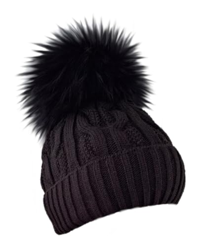 MERRYLAND Mütze XXL Echtfellbommel Pudelmütze Bommelmütze ECHTFELL Hat Real Fur Handmade Fellbommel Echt Fell Bommel Strickmütze Pelzbommel Waschbär Raccoon Pelz von MERRYLAND