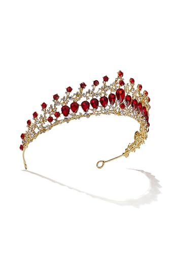 Diadem Tiara Vintage Krone in Gold Hochzeit Braut mit Kristallen Strass Stein im Barock-Stil (golden; dunkelrot) von MERSADA