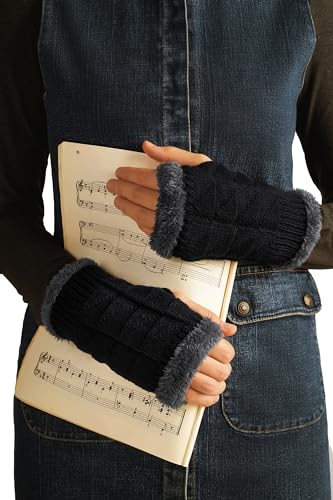 MERSADA Handschuhe ohne Finger Handstulpen Fäustlinge Damen fingerlose Handschuhe mit Pelz (schwarz) von MERSADA