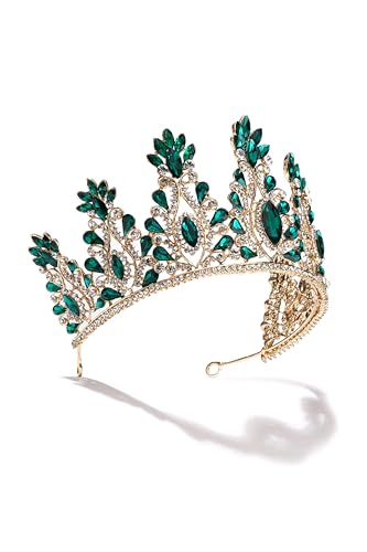 Vintage Diadem Tiara im Barock-Stil Krone in Silber Hochzeit Braut mit Kristallen Strass Stein (golden, smaragdgrün) von MERSADA