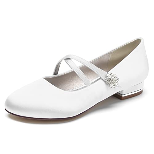 MERYAL Damen Flache Hochzeitsschuhe Strass Satin Ballerinas Runde Zehe Riemchen Brautschuhe Brautjungfernschuhe,Weiß,38 EU von MERYAL