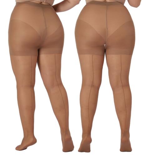 MERYLURE 2 Paar Damen-Strumpfhosen in Übergröße, Rückennaht, 20D, durchscheinend, mit verstärkten Zehen, 2 x Hellbraun, 5XL/6XL von MERYLURE