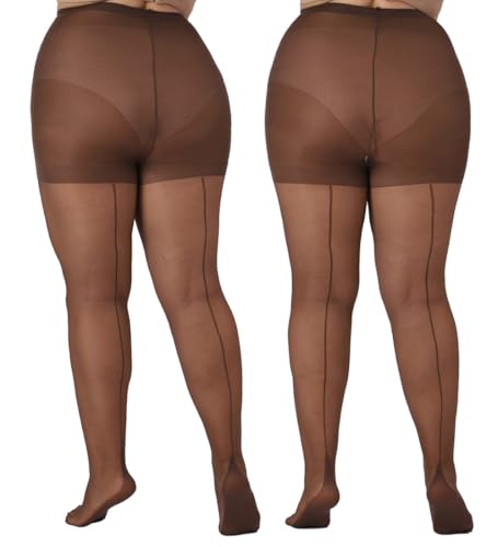 MERYLURE 2 Paar Damen-Strumpfhosen in Übergröße, Rückennaht, 20D, durchscheinend, mit verstärkten Zehen, 2 x Kaffee, 5XL/6XL von MERYLURE