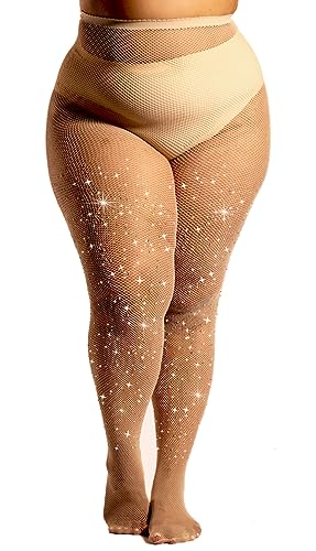 MERYLURE Super Sparkle Strass Fischnetzstrümpfe Sexy Hohe Taille Strumpfhose Damen Party Glitzernde Strumpfhose, Hellbraun: 1 Paar, 3XL-4XL Große Größen von MERYLURE