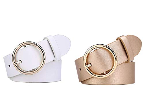 MESHIKAIER Damen mode PU Leder Gürtel Taillengürtel Hüftgürtel Casual Waist Belt mit Metallisch Schnalle (Golden+Weiß) von MESHIKAIER