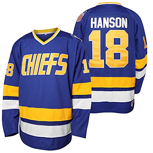 Herren Hanson Brother 16 Jack 17 Steve 18 Jeff Charlestown Chiefs Stitched Movie Hockey Trikots, 18 Blau, XXL von MESOSPERO
