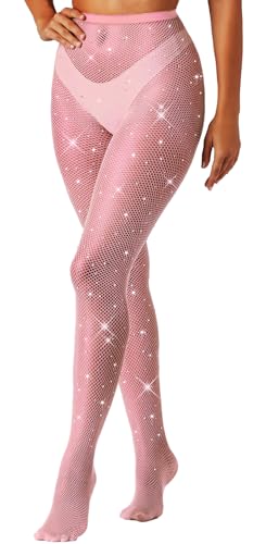 MESU Damen Funkelnde Strass Fischernetz Strümpfe Hohe Taille Strumpfhosen Rosa von MESU