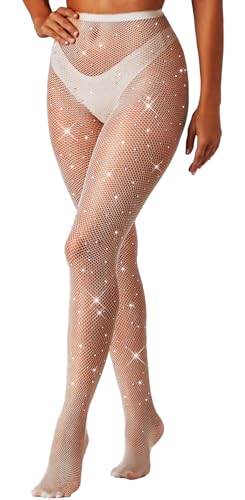 MESU Damen Funkelnde Strass Fischernetz Strümpfe Hohe Taille Strumpfhosen Weiß von MESU