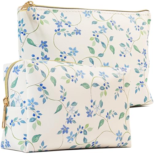 METALPHA Niedliches kleines Make-up-Taschen-Set, 2 Stück, ästhetisches Blumenmuster, Leder, Make-up-Taschen mit Reißverschluss, Kosmetiktasche, Reise-Kulturbeutel, Geldbörse, Ruhiges Binden, von METALPHA