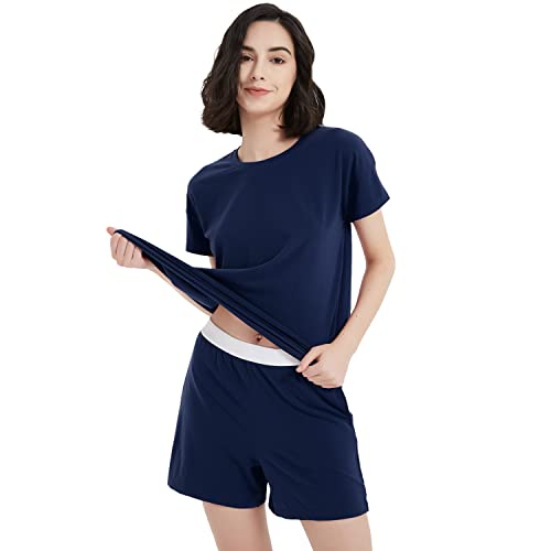 METARINO Damen-Pyjama aus Merinowolle, 2-teiliges Set, Nachtwäsche, kurze Ärmel, weicher O-Ausschnitt, Nachtwäsche für Zuhause, Marineblau, L von METARINO