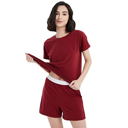 METARINO Damen-Pyjama aus Merinowolle, 2-teiliges Set, Nachtwäsche, kurze Ärmel, weicher O-Ausschnitt, Nachtwäsche für Zuhause, weinrot, XL von METARINO