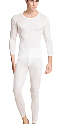 METWAY Silk Long Underwear Herren Mulberry Silk Long Johns Top and Bottom Thermal Underwear Set/Base Layer, Weiss/opulenter Garten, Large von METWAY