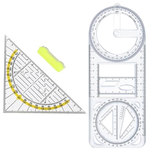 MEXRUMI 1 Stück Multifunktionale Geometrisches Lineal Mathematik Zeichnung Lineal Zeichenschablone Mathematik Zeichnungslineal + 1 Stück Geometriedreieck Kunststoff Mit Abnehmbarem Griff von MEXRUMI