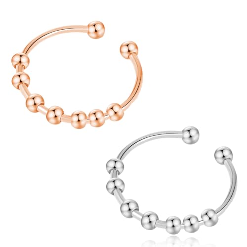MEXRUMI 2 Stück Ringe Damen Anxiety Ring Spinner Ring Verstellbar Anti Stress Ring Angst Spinning Ring Mit Perlen Schmuck Geschenke Frauen Frauen Ringe Für Damen Und Mädchen (Silber Und Roségold) von MEXRUMI