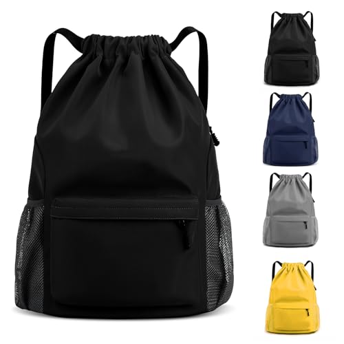 MEYDLL Turnbeutel Rucksäcke mit Kordelzug Große Kapazität Sportbeutel Drawstring Rucksack mit Schuhfach Wasserabweisend String Tasche Gym Bag mit Zwei Seitentaschen für Damen und Herren (Schwarz) von MEYDLL
