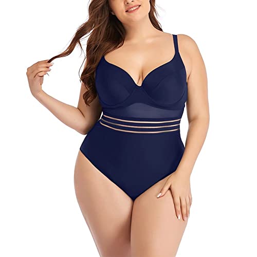 MEYOCEYO Badeanzug Damen Bauchweg Große Größe Bademode Sexy Push Up Badeanzüge V Ausschnitt Rückenfrei Swimsuit Marineblau 2XL von MEYOCEYO