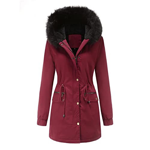 MEYOCEYO Winterjacke Damen Lang Warm Gefüttert Wintermantel mit Fellkapuze Winterparka Winddichte Parkajacke Rotwein M von MEYOCEYO